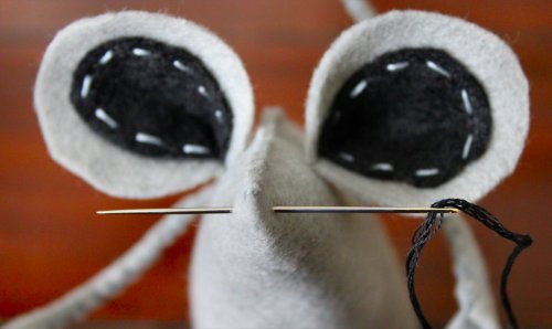 Felt Mouse Tutorial - Sewing Whiskers Onto Snout