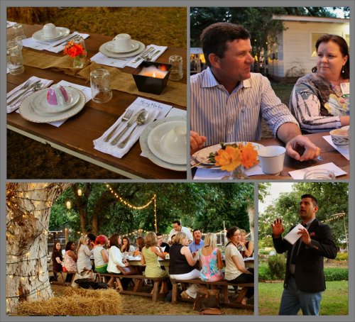 Clockwise - rustic place settings, rancher Jason Peeler & guest, host Danny Boome of the Food Network, and our lovely outdoor dining tables